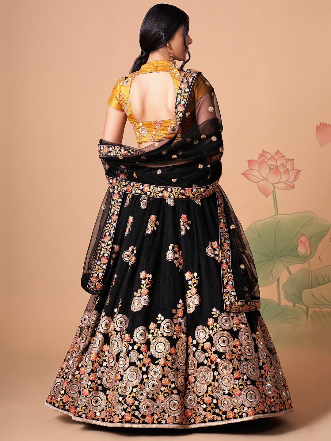 Embroidered Mirror Work Semi-Stitched Lehenga & Unstitched Blouse With Dupatta