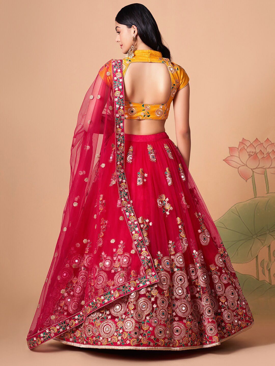 Embroidered Mirror Work Semi-Stitched Lehenga & Unstitched Blouse With Dupatta
