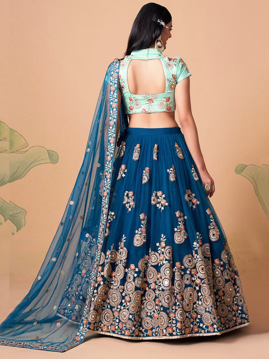 Embroidered Mirror Work Semi-Stitched Lehenga & Unstitched Blouse With Dupatta