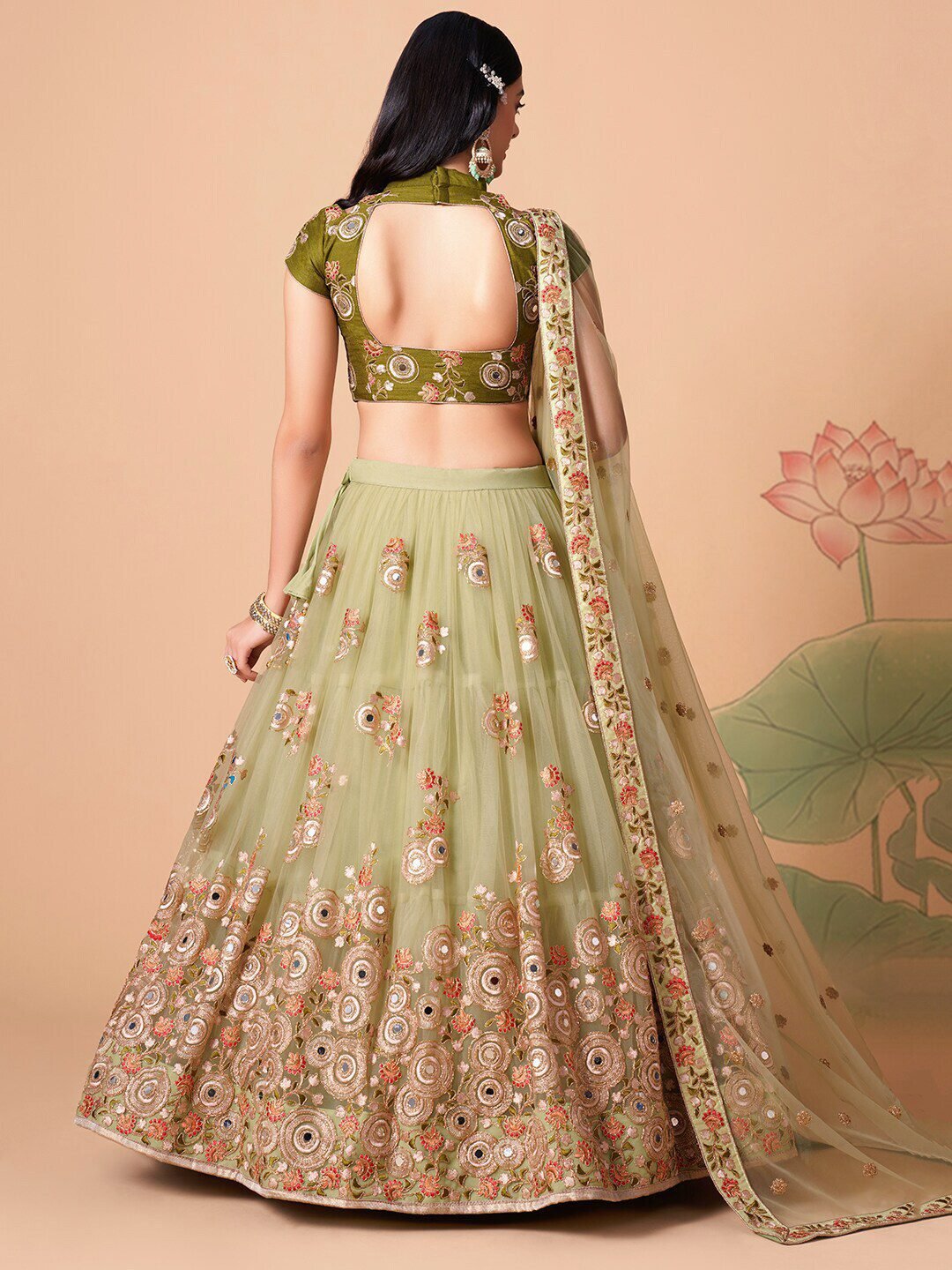 Embroidered Mirror Work Semi-Stitched Lehenga & Unstitched Blouse With Dupatta
