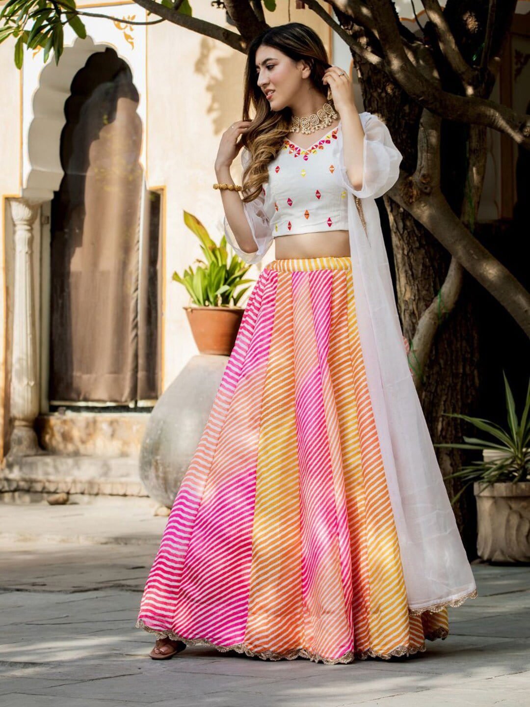 Embroidered Mirror Work Semi-Stitched Lehenga &  Unstitched Blouse With Dupatta