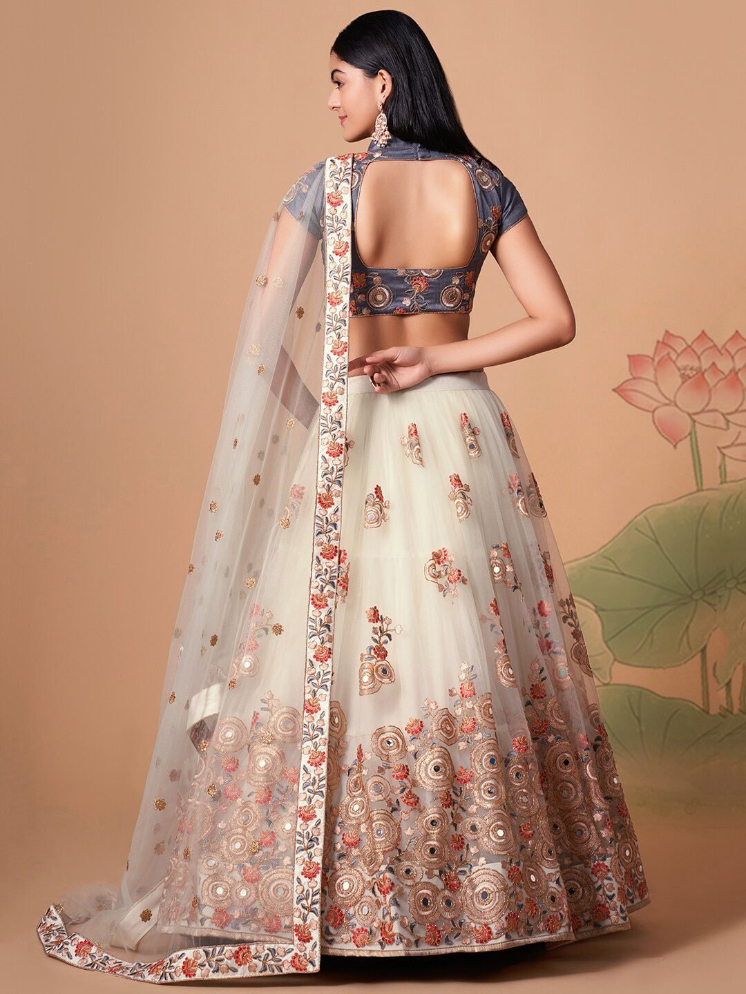 Embroidered Mirror Work Semi-Stitched Lehenga & Unstitched Blouse With Dupatta