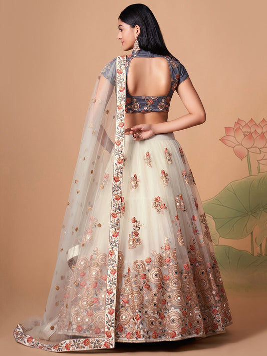 Embroidered Mirror Work Semi-Stitched Lehenga & Unstitched Blouse With Dupatta