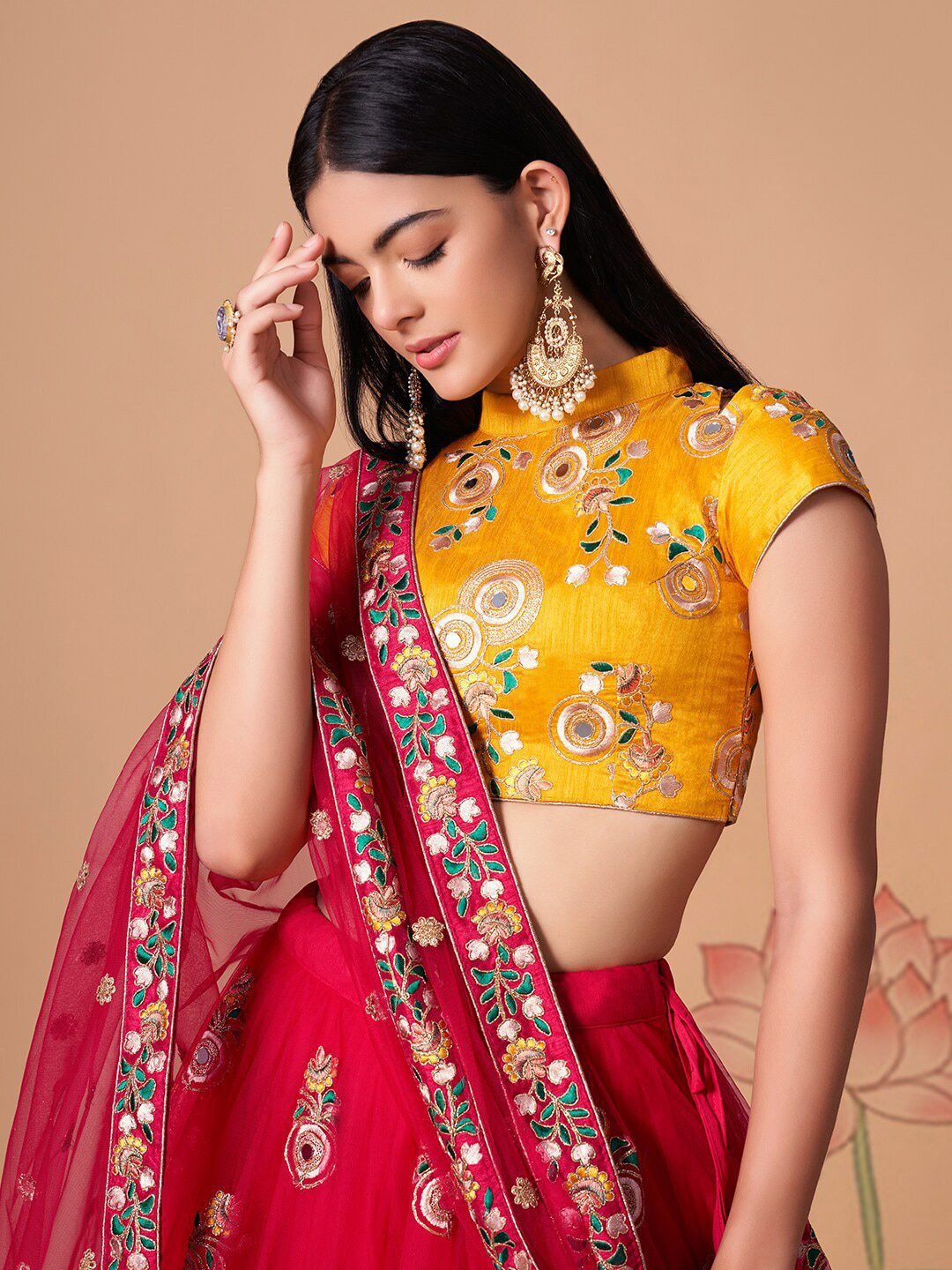Embroidered Mirror Work Semi-Stitched Lehenga & Unstitched Blouse With Dupatta