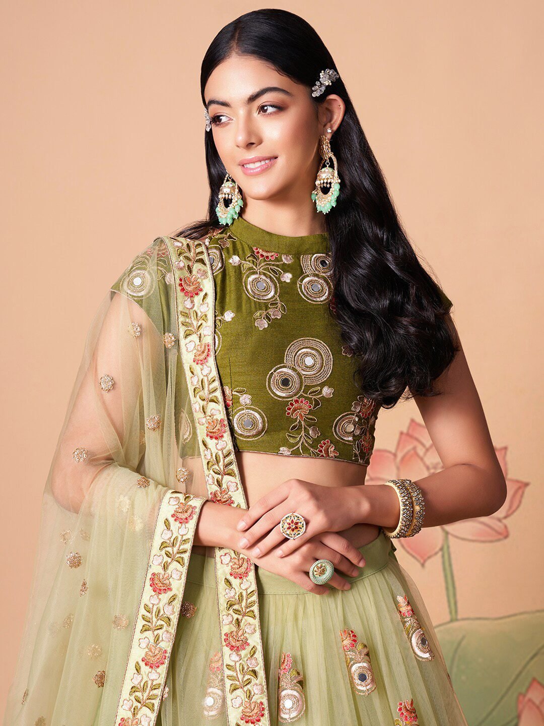 Embroidered Mirror Work Semi-Stitched Lehenga & Unstitched Blouse With Dupatta