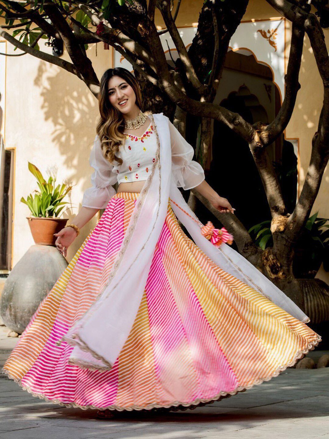 Embroidered Mirror Work Semi-Stitched Lehenga &  Unstitched Blouse With Dupatta