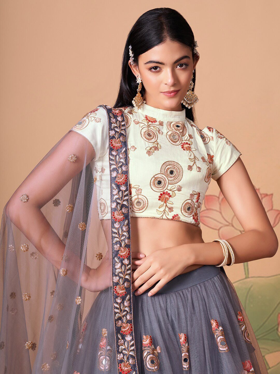 Embroidered Mirror Work Semi-Stitched Lehenga & Unstitched Blouse With Dupatta