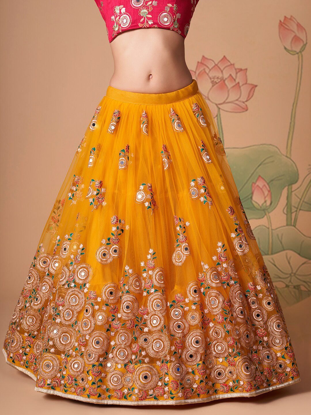 Embroidered Mirror Work Semi-Stitched Lehenga & Unstitched Blouse With Dupatta