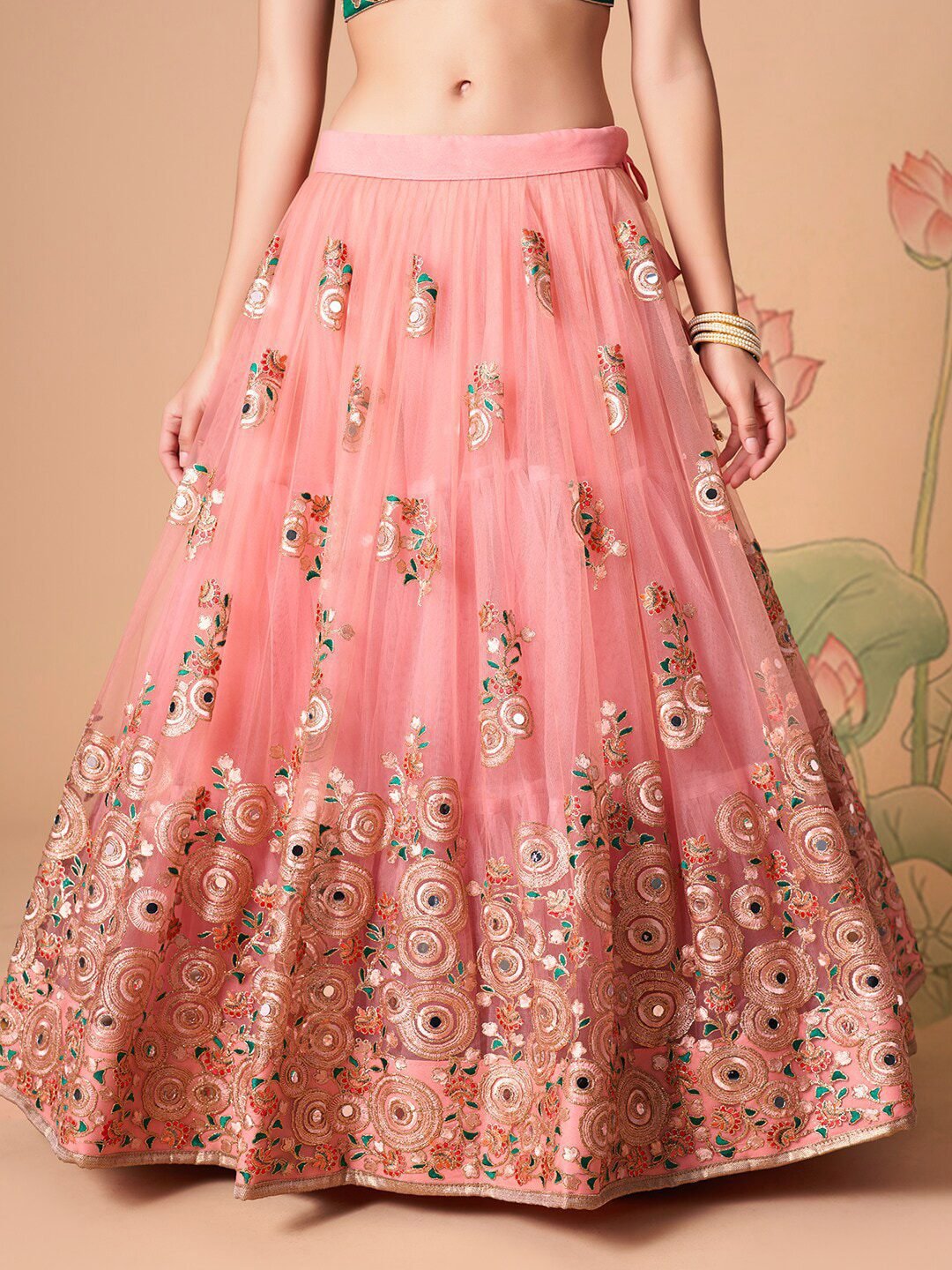 Embroidered Mirror Work Semi-Stitched Lehenga & Unstitched Blouse With Dupatta