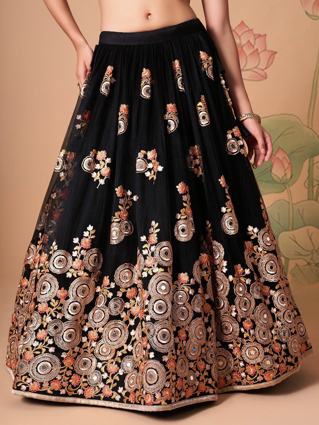 Embroidered Mirror Work Semi-Stitched Lehenga & Unstitched Blouse With Dupatta