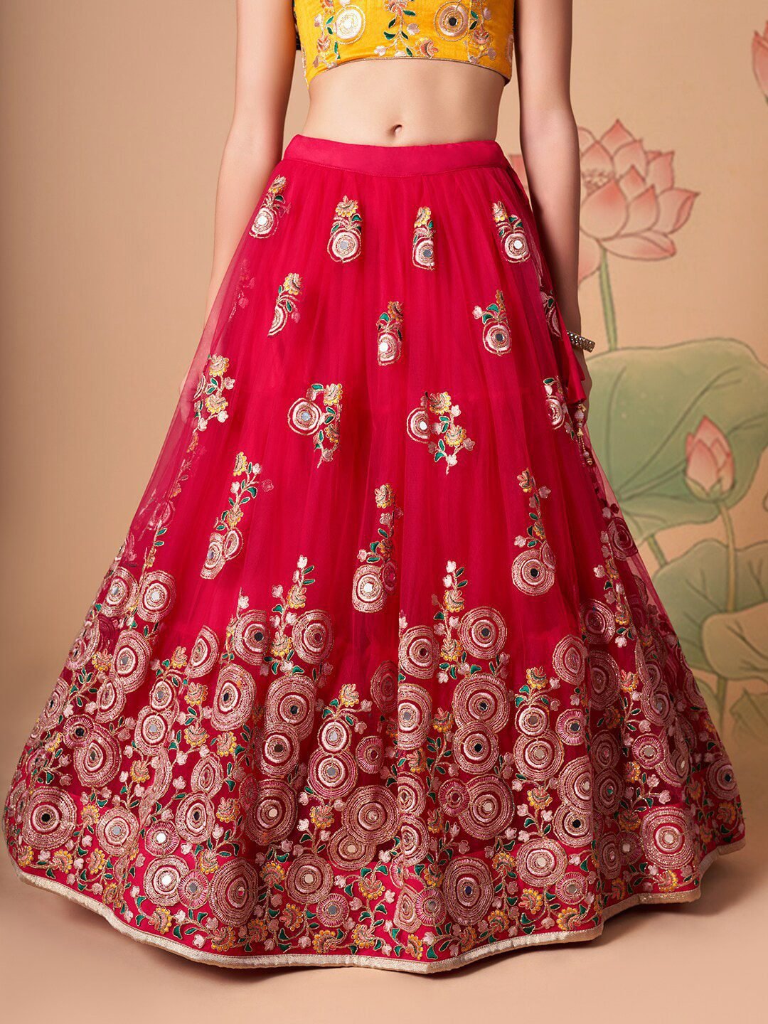 Embroidered Mirror Work Semi-Stitched Lehenga & Unstitched Blouse With Dupatta