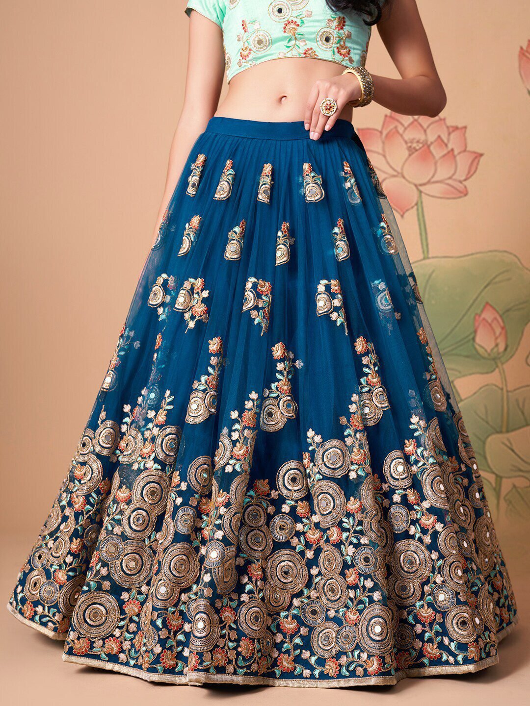 Embroidered Mirror Work Semi-Stitched Lehenga & Unstitched Blouse With Dupatta