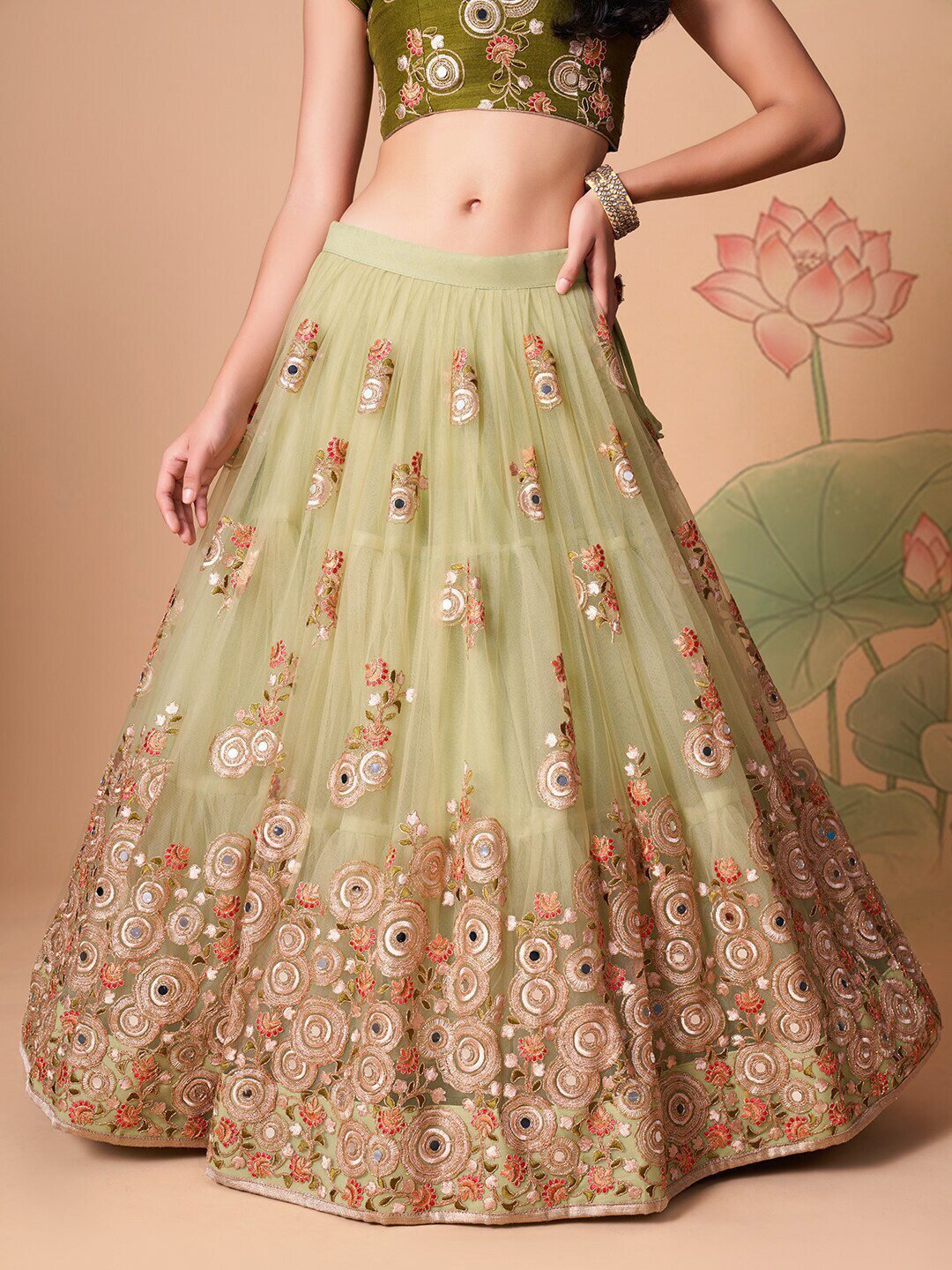 Embroidered Mirror Work Semi-Stitched Lehenga & Unstitched Blouse With Dupatta