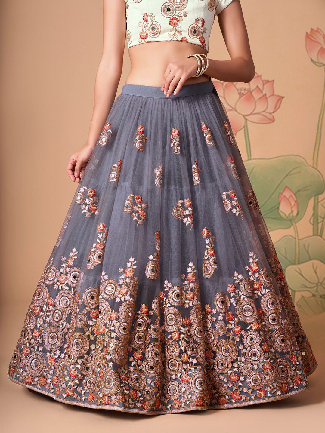 Embroidered Mirror Work Semi-Stitched Lehenga & Unstitched Blouse With Dupatta