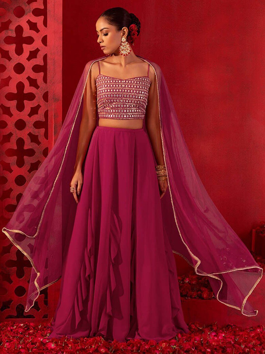 Embroidered Mirror Work Semi-Stitched Lehenga & Unstitched Blouse With Dupatta