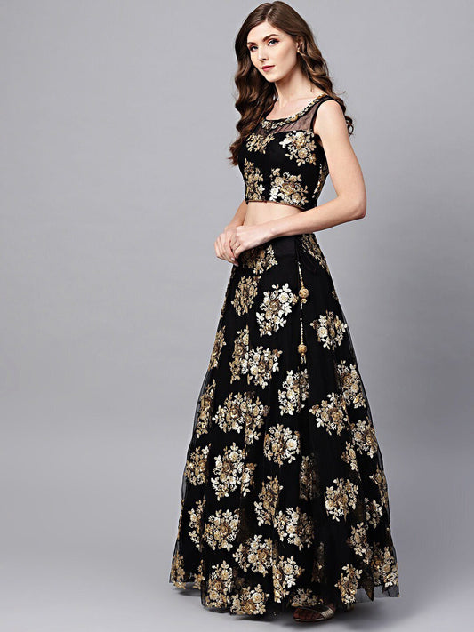 Embroidered Net Semi-Stitched Lehenga & Unstitched Blouse With Dupatta