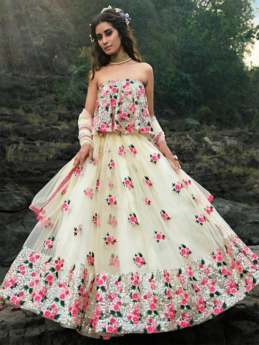 Embroidered Semi-Stitched Lehenga & Unstitched Blouse With Dupatta