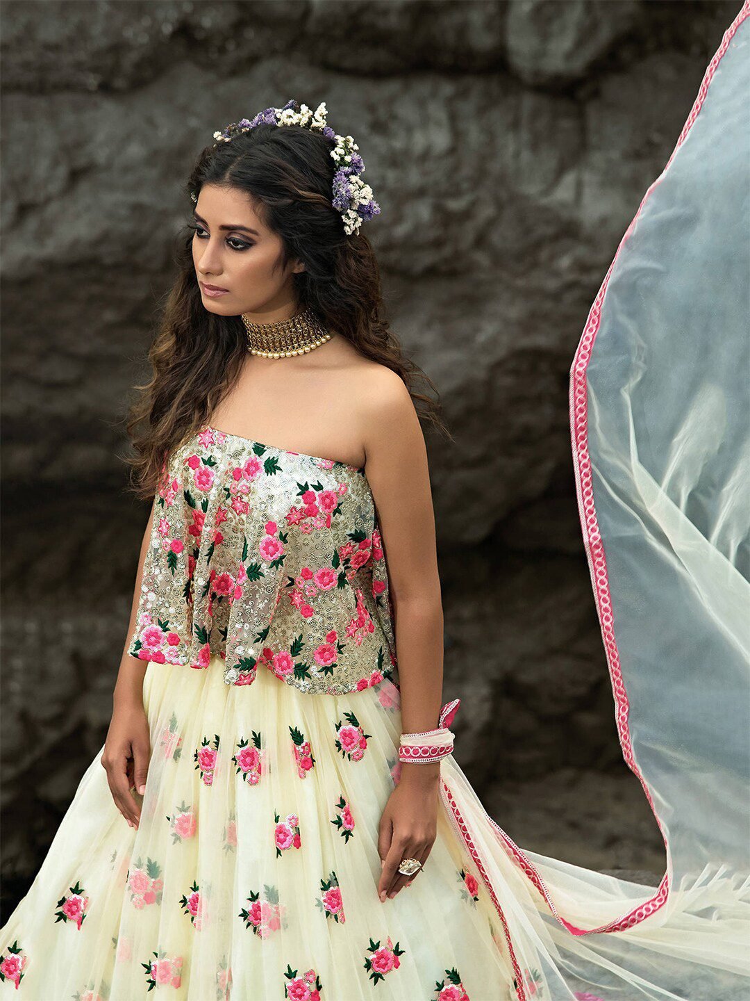 Embroidered Semi-Stitched Lehenga & Unstitched Blouse With Dupatta