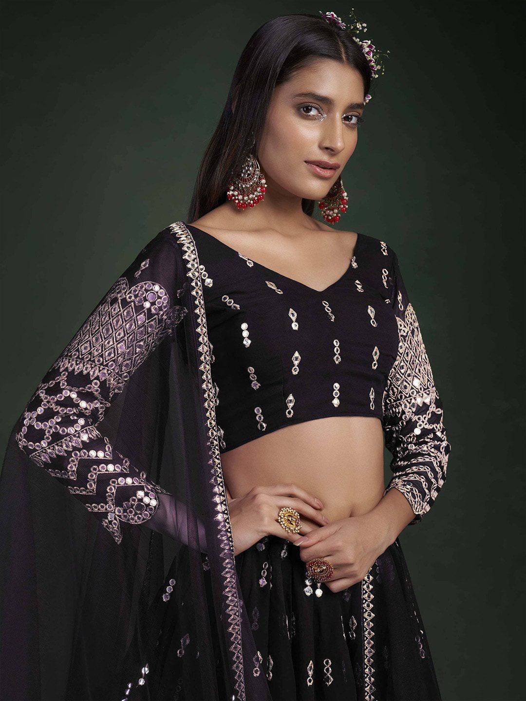 Embroidered Semi-Stitched Lehenga & Unstitched Blouse With Dupatta