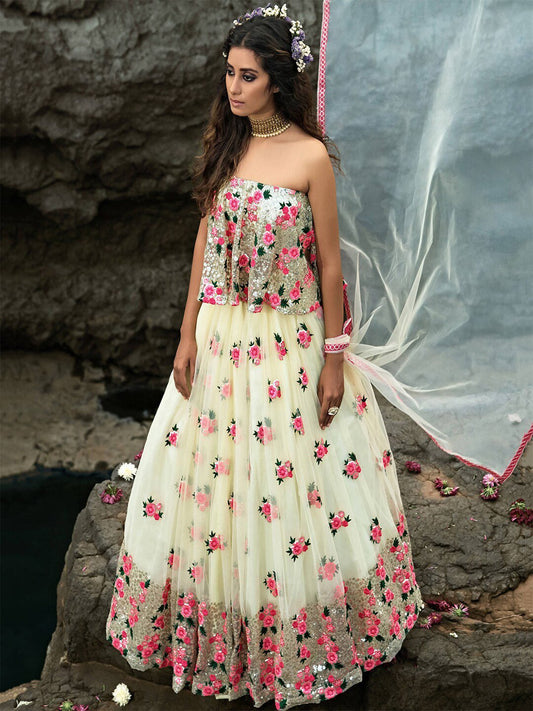 Embroidered Semi-Stitched Lehenga & Unstitched Blouse With Dupatta