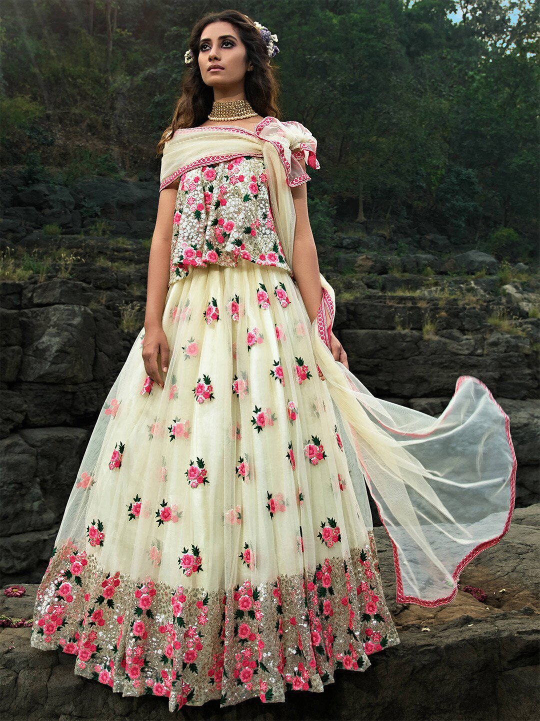 Embroidered Semi-Stitched Lehenga & Unstitched Blouse With Dupatta