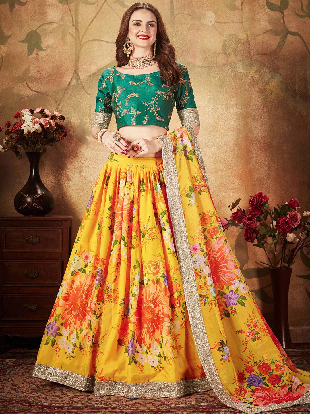Embroidered Semi-Stitched Lehenga & Unstitched Blouse With Dupatta