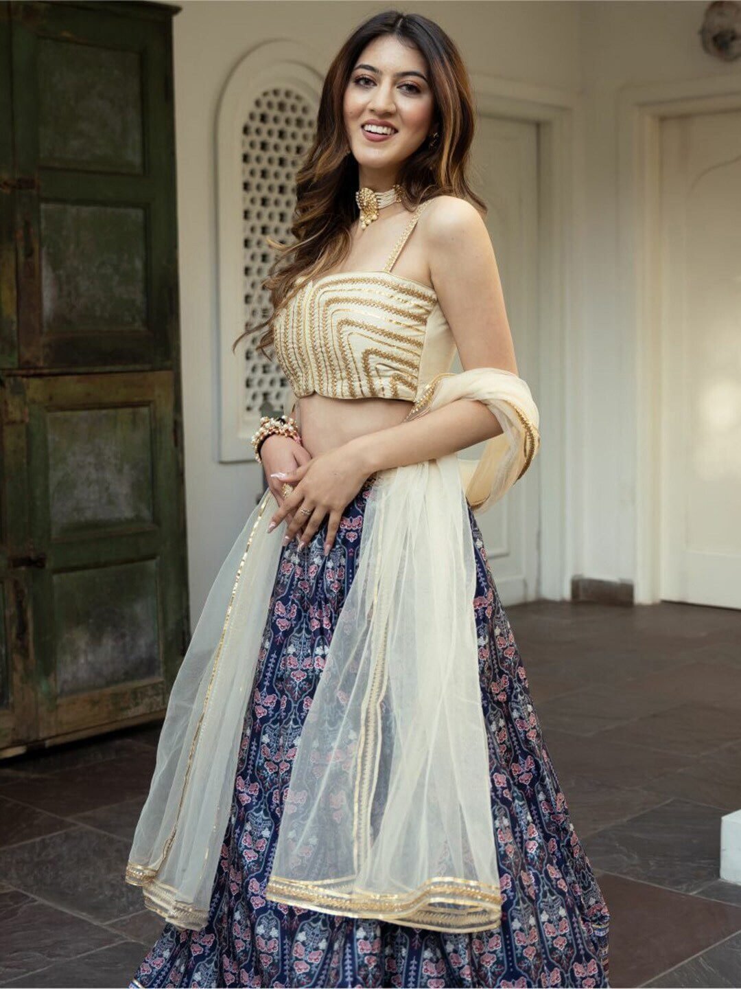 Embroidered Semi-Stitched Lehenga & Unstitched Blouse With Dupatta