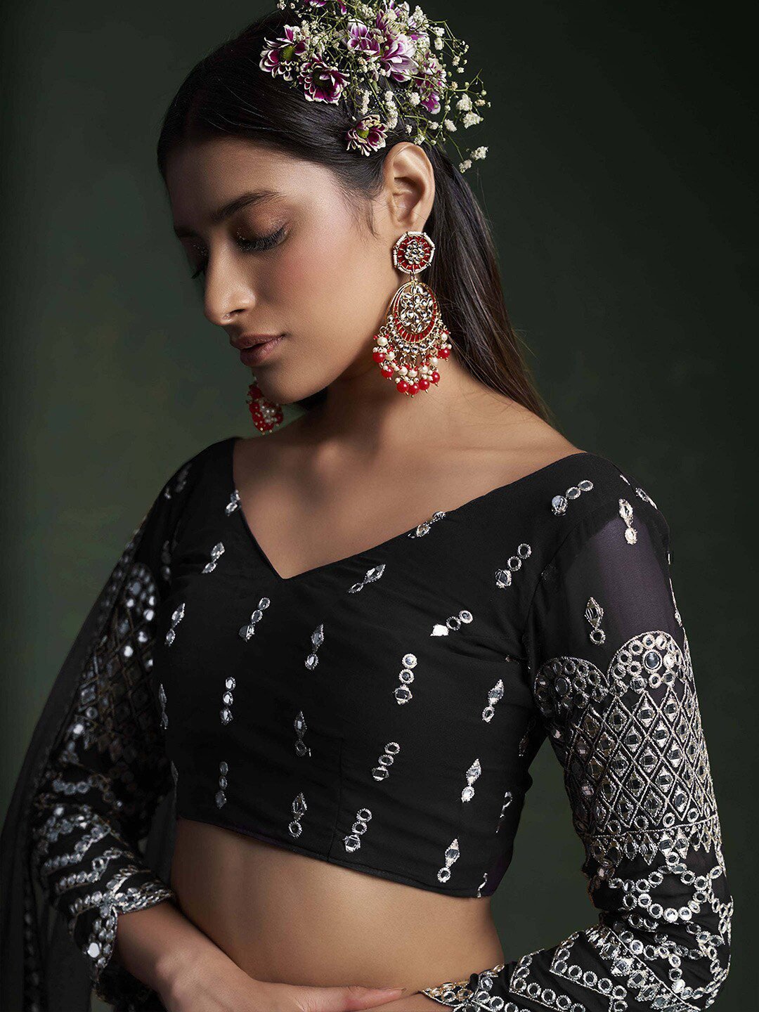 Embroidered Semi-Stitched Lehenga & Unstitched Blouse With Dupatta