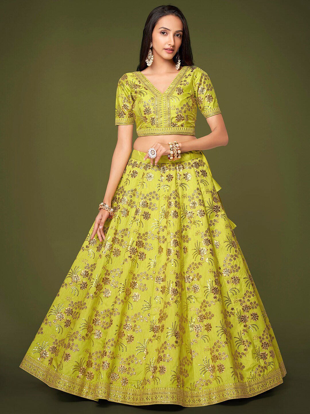 Embroidered Semi-Stitched Lehenga & Unstitched Blouse With Dupatta