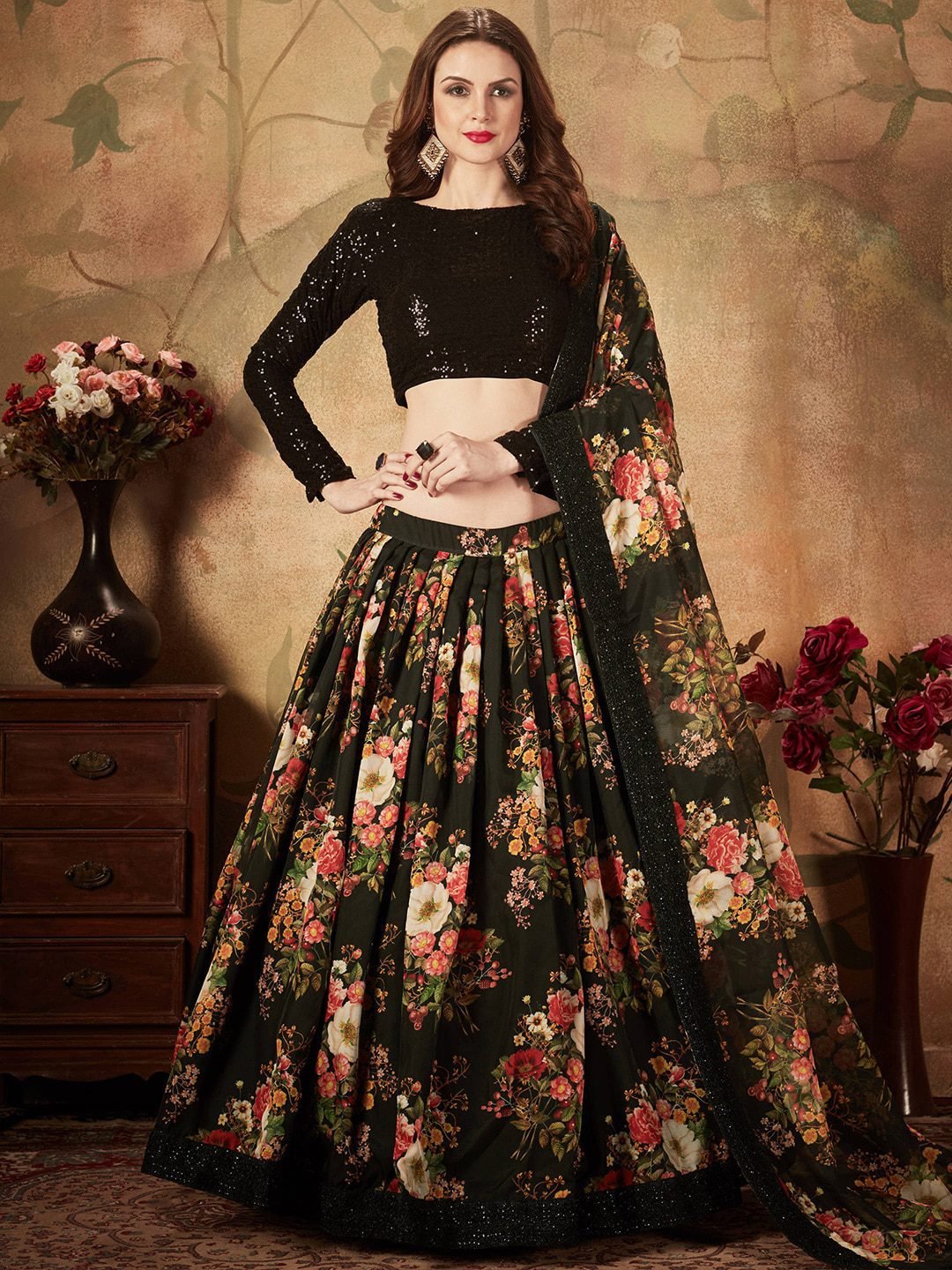 Embroidered Semi-Stitched Lehenga & Unstitched Blouse With Dupatta
