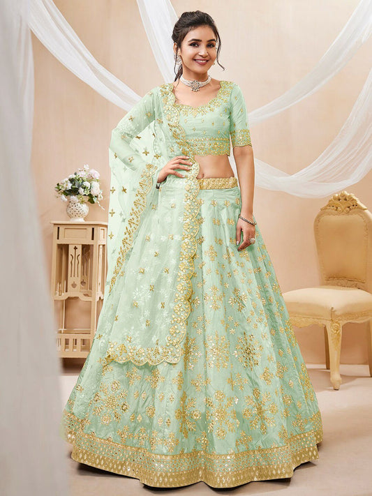 Pista green and gold-toned Embroidered Sequinned Semi-Stitched Lehenga & Unstitched Blouse With Dupatta