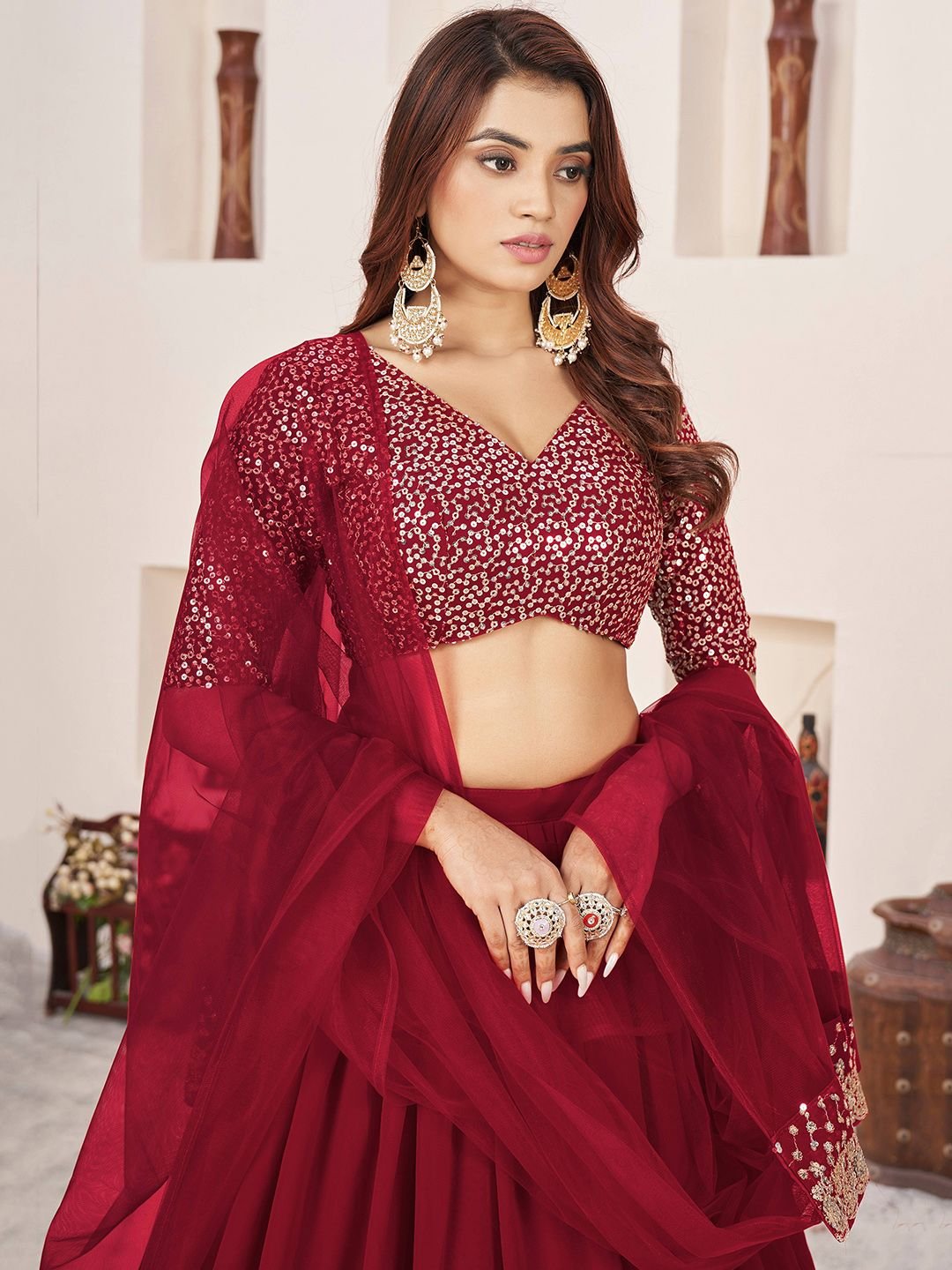 Embroidered Sequinned Semi-Stitched Lehenga & Unstitched Blouse With Dupatta