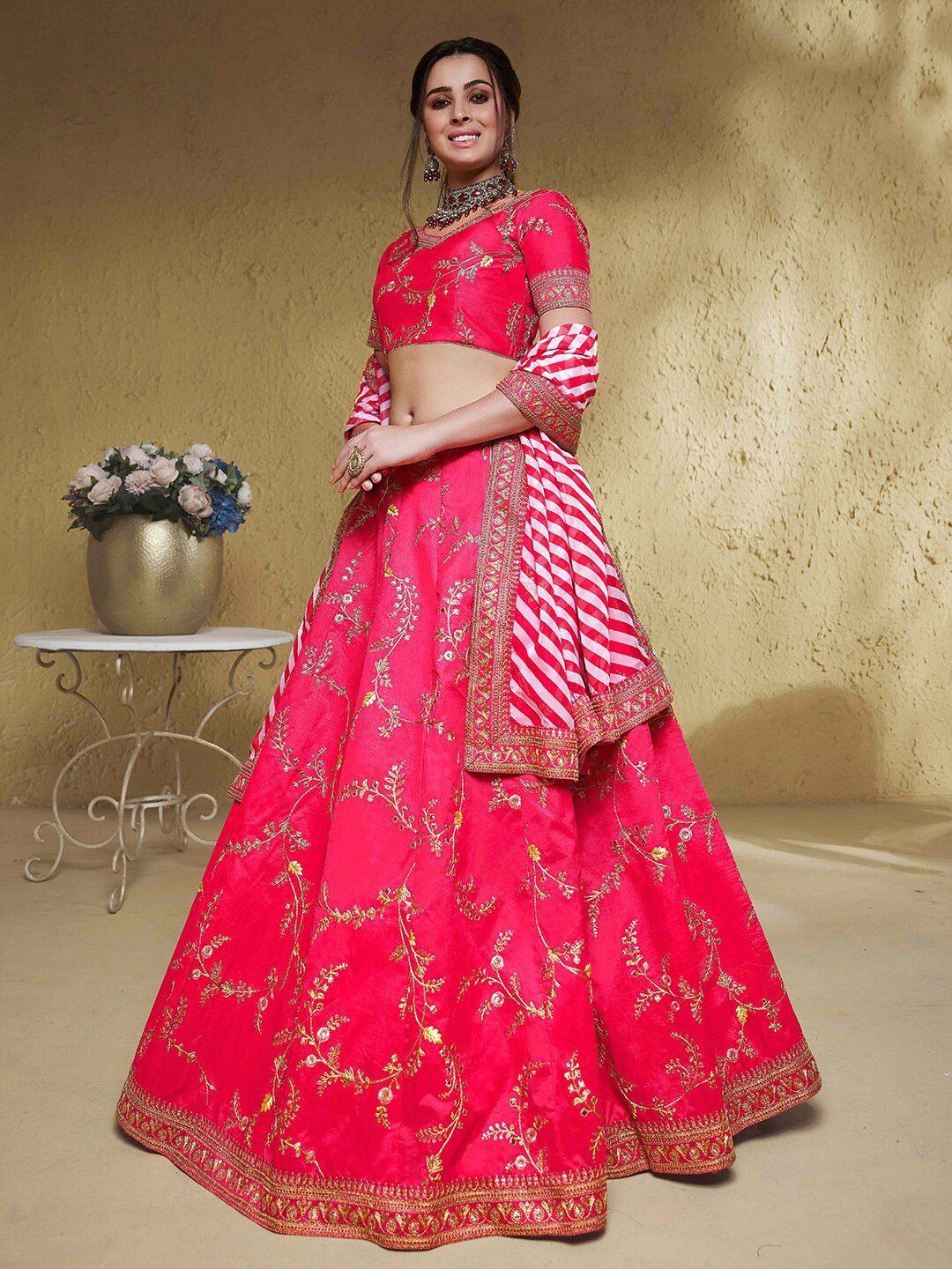 Embroidered Sequinned Semi-Stitched Lehenga &amp; Unstitched Blouse With Dupatta
