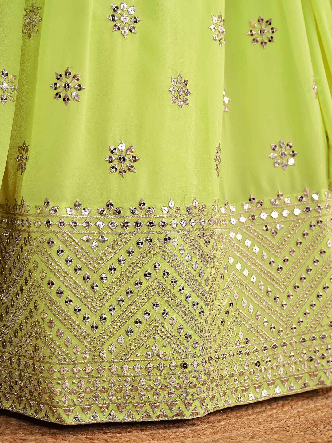 Embroidered Sequinned Semi-Stitched Green Lehenga & Unstitched Blouse With Dupatta