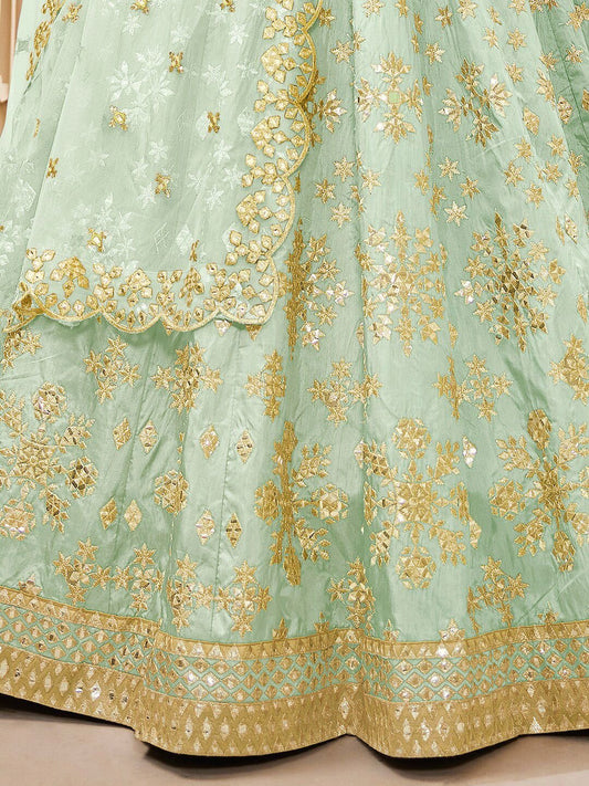 Pista green and gold-toned Embroidered Sequinned Semi-Stitched Lehenga & Unstitched Blouse With Dupatta