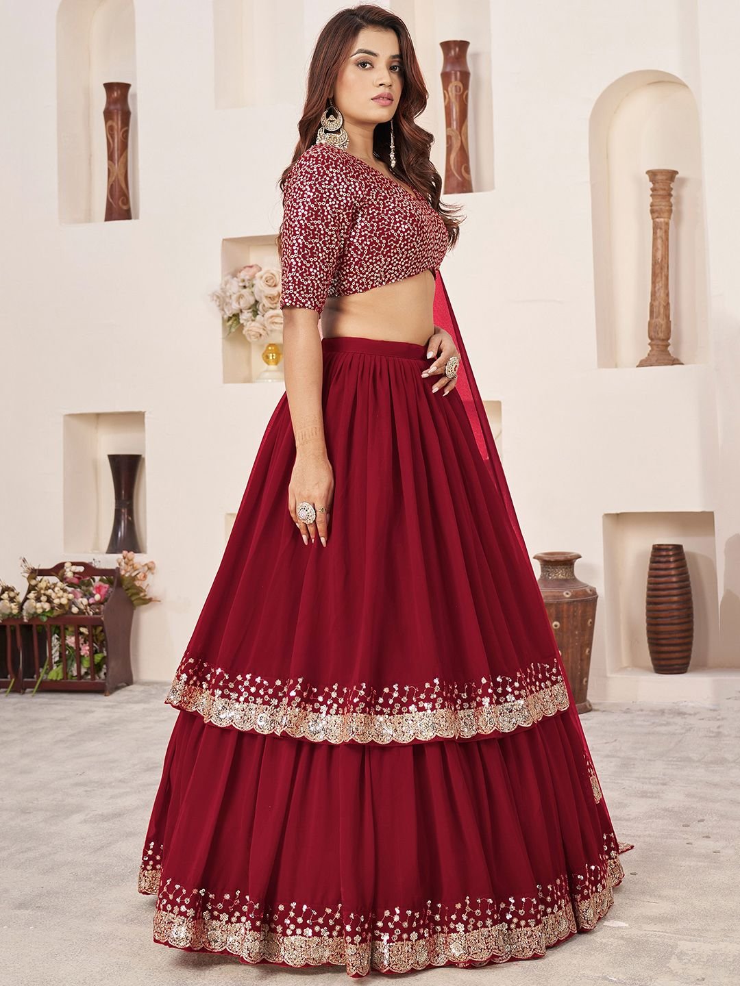 Embroidered Sequinned Semi-Stitched Lehenga & Unstitched Blouse With Dupatta