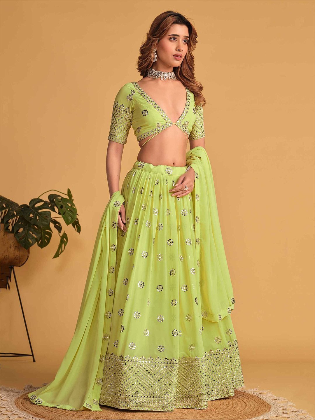 Embroidered Sequinned Semi-Stitched Green Lehenga & Unstitched Blouse With Dupatta