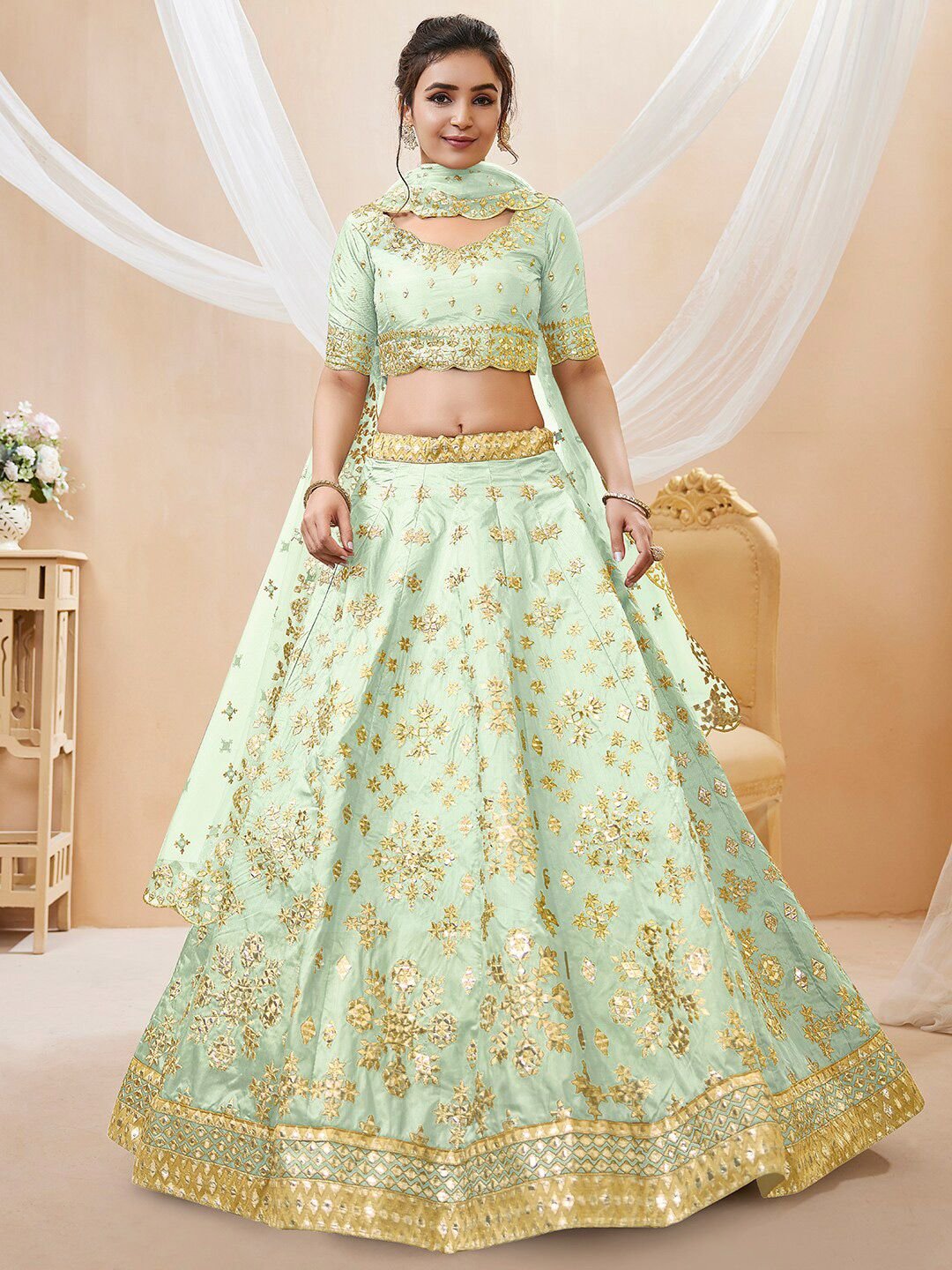 Pista green and gold-toned Embroidered Sequinned Semi-Stitched Lehenga & Unstitched Blouse With Dupatta