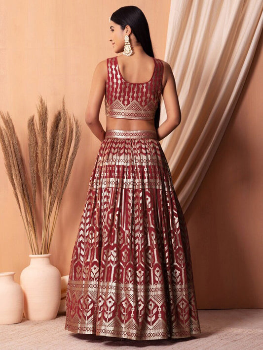 Maroon Embroidered Sequinned Semi-Stitched Lehenga Unstitched Blouse With Dupatta