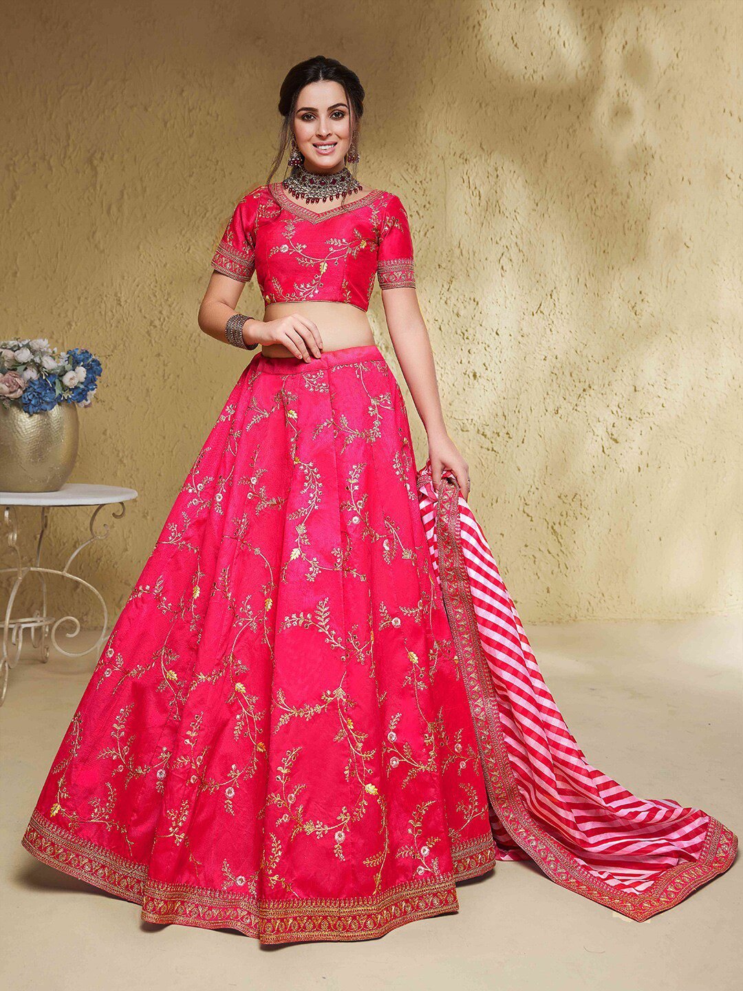 Embroidered Sequinned Semi-Stitched Lehenga &amp; Unstitched Blouse With Dupatta