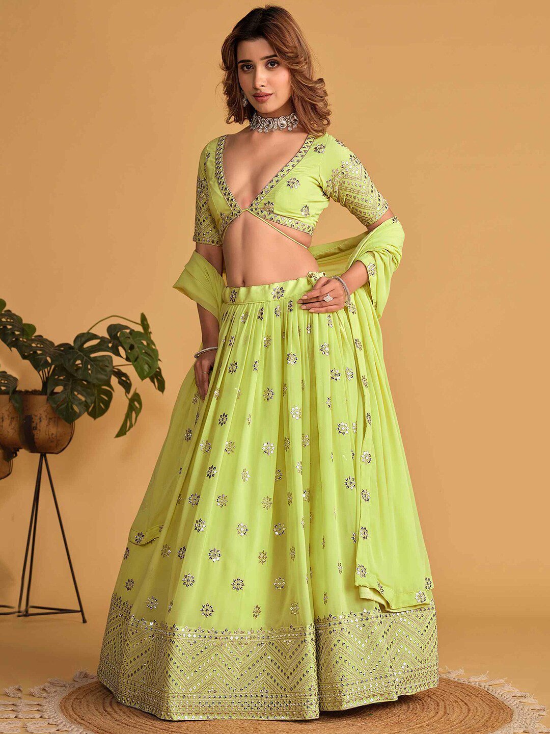 Embroidered Sequinned Semi-Stitched Green Lehenga & Unstitched Blouse With Dupatta