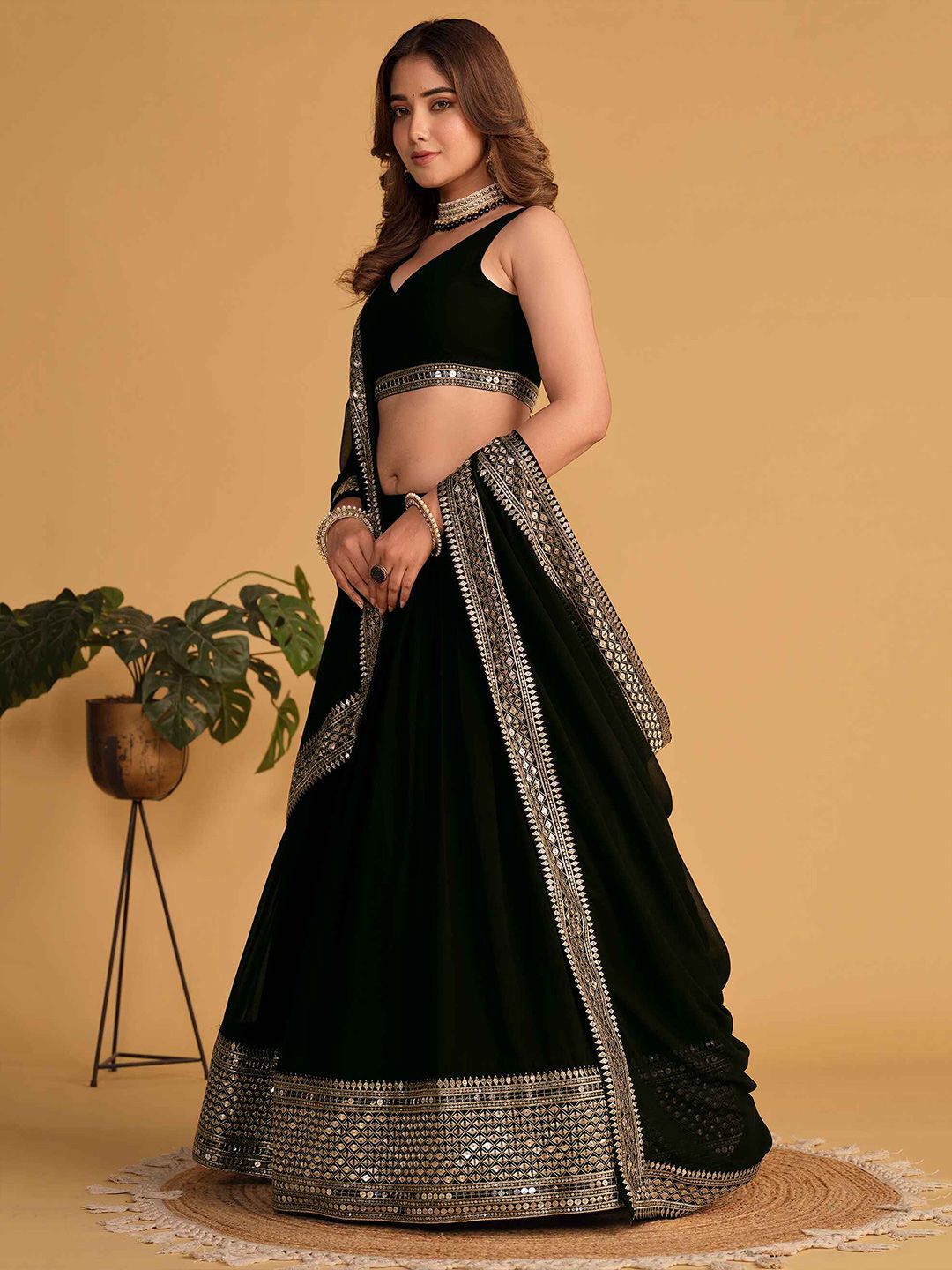 Embroidered Sequinned Semi-Stitched Lehenga & Unstitched Blouse With Dupatta
