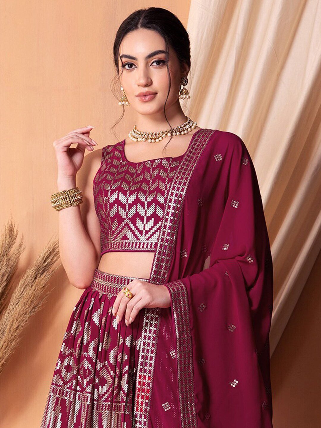 Fascinating Dark Pink Sequins Georgette Festival Wear Lehenga Choli