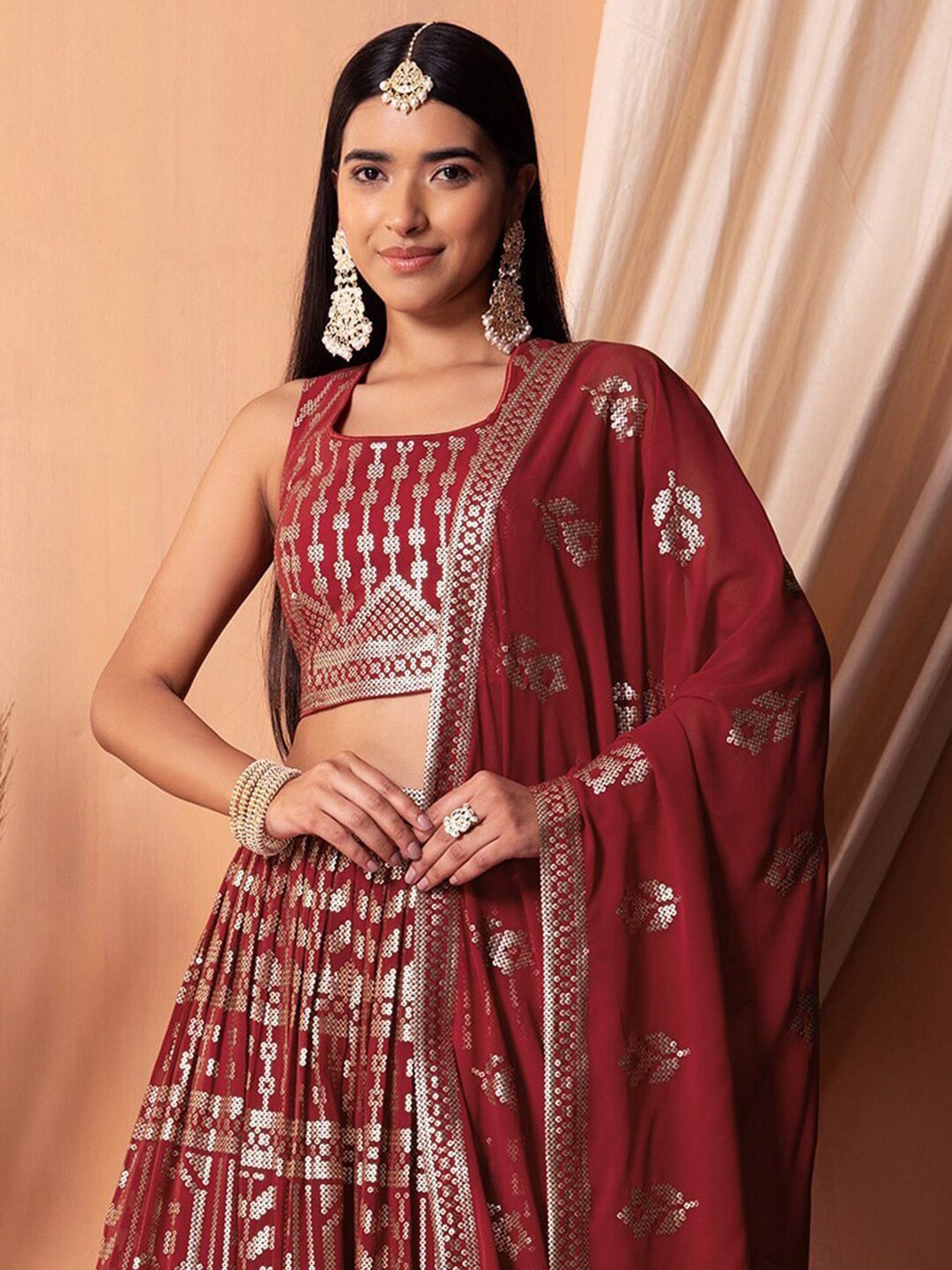 Maroon Embroidered Sequinned Semi-Stitched Lehenga Unstitched Blouse With Dupatta