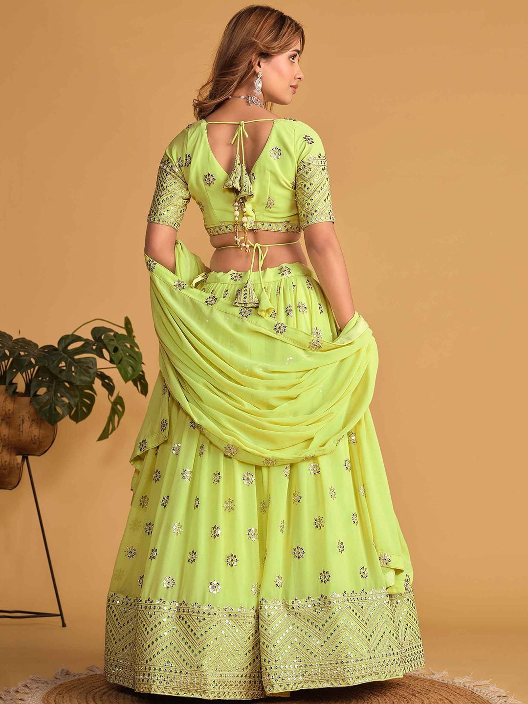 Embroidered Sequinned Semi-Stitched Green Lehenga & Unstitched Blouse With Dupatta