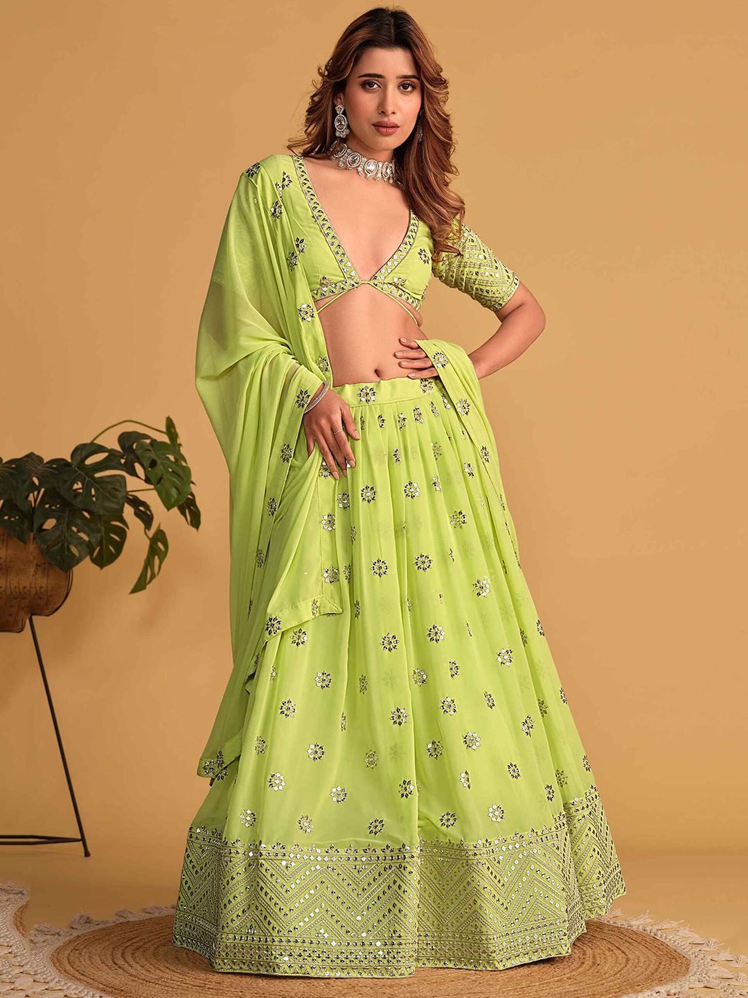 Embroidered Sequinned Semi-Stitched Green Lehenga & Unstitched Blouse With Dupatta