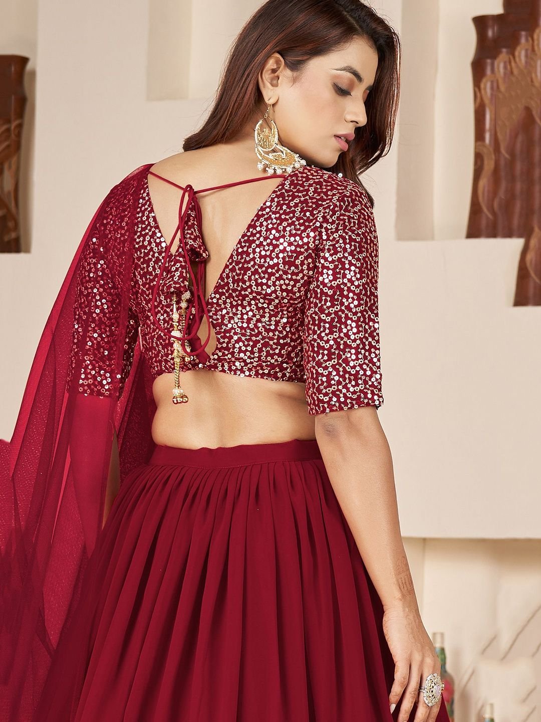 Embroidered Sequinned Semi-Stitched Lehenga & Unstitched Blouse With Dupatta