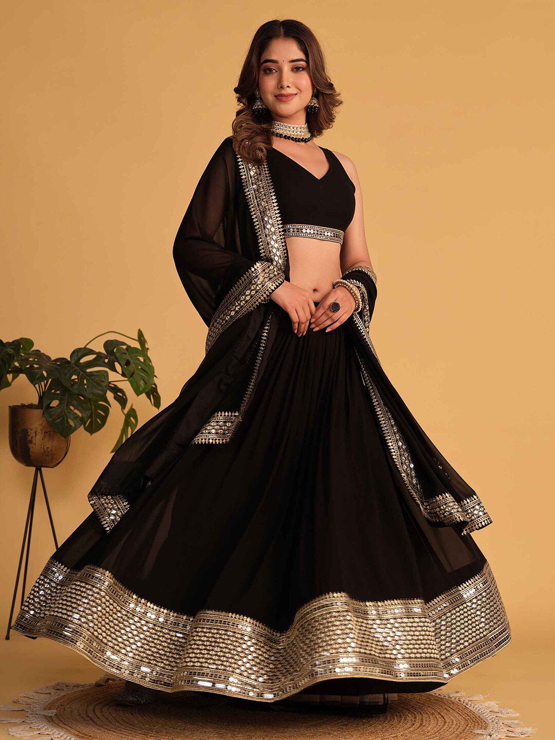 Embroidered Sequinned Semi-Stitched Lehenga & Unstitched Blouse With Dupatta