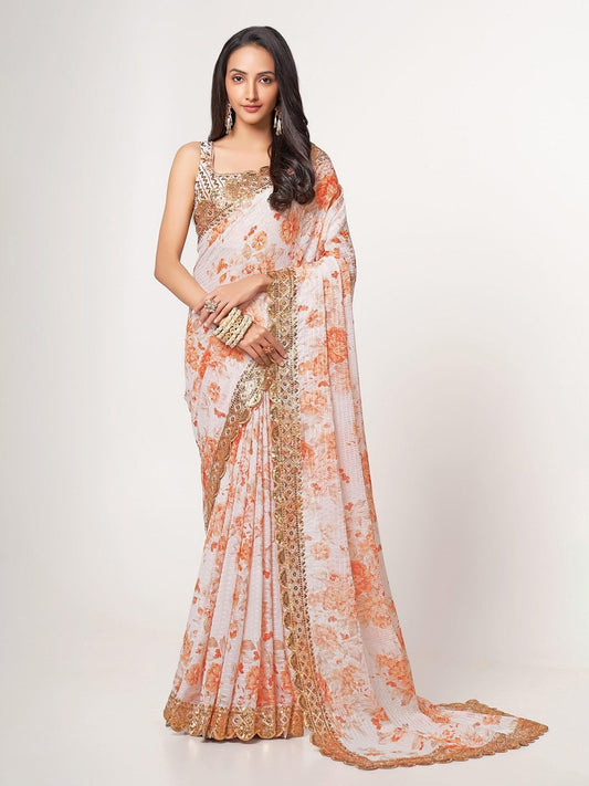 Gorgeous White Floral Printed Organza Party Wear Saree With Blouse