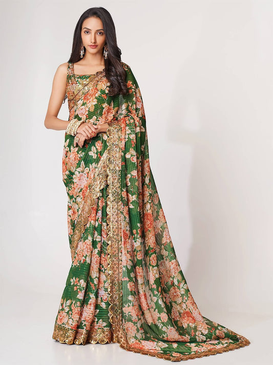 Mesmerizing Green Floral Printed Organza Festive Wear Saree